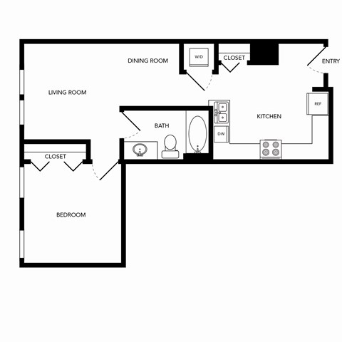 Floor plan for 1 bed, 1 bath, 656 sqft